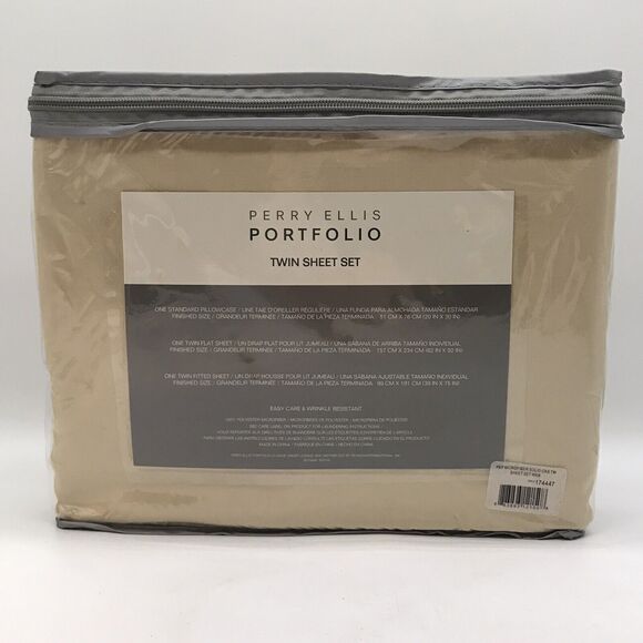 NEW Perry Ellis Portfolio Twin Sheet Set Tan Poly Microfiber Wrinkle Resistant - Picture 2 of 7